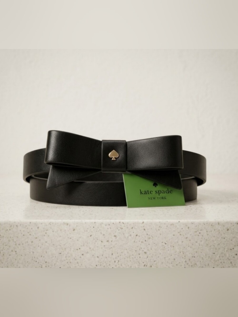 NEW! kate spade Black Leather Bow Belt with Gold Spade Accent sz Large NWT